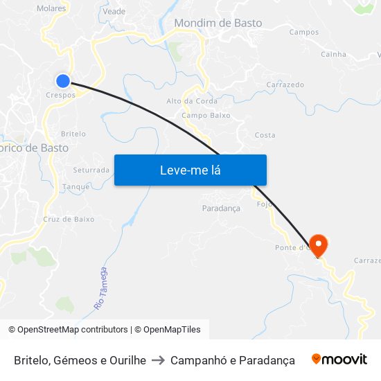 Britelo, Gémeos e Ourilhe to Campanhó e Paradança map