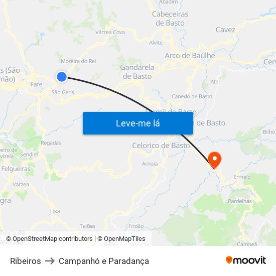 Ribeiros to Campanhó e Paradança map