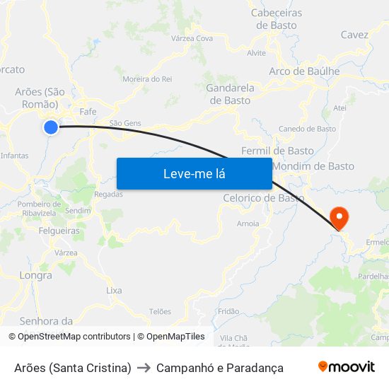 Arões (Santa Cristina) to Campanhó e Paradança map