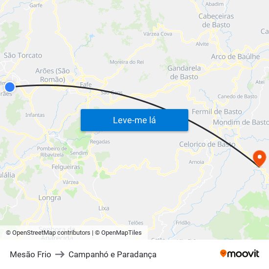 Mesão Frio to Campanhó e Paradança map