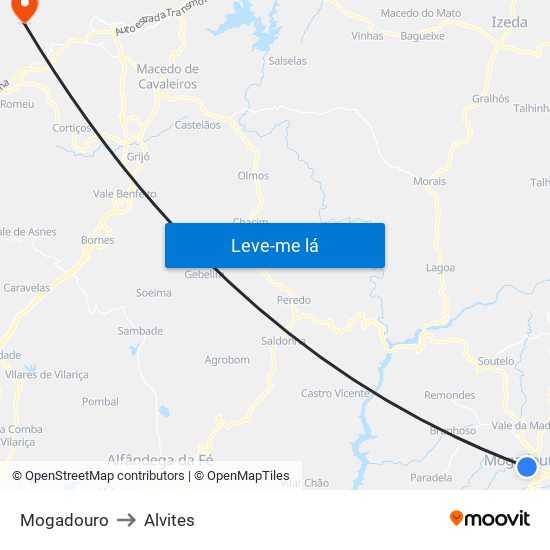 Mogadouro to Alvites map