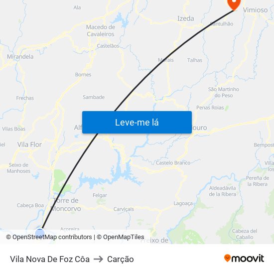 Vila Nova De Foz Côa to Carção map