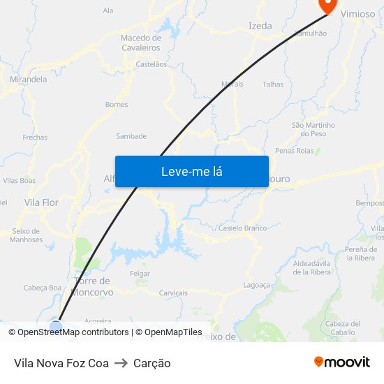 Vila Nova Foz Coa to Carção map