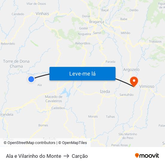 Ala e Vilarinho do Monte to Carção map