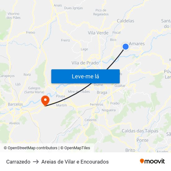 Carrazedo to Areias de Vilar e Encourados map
