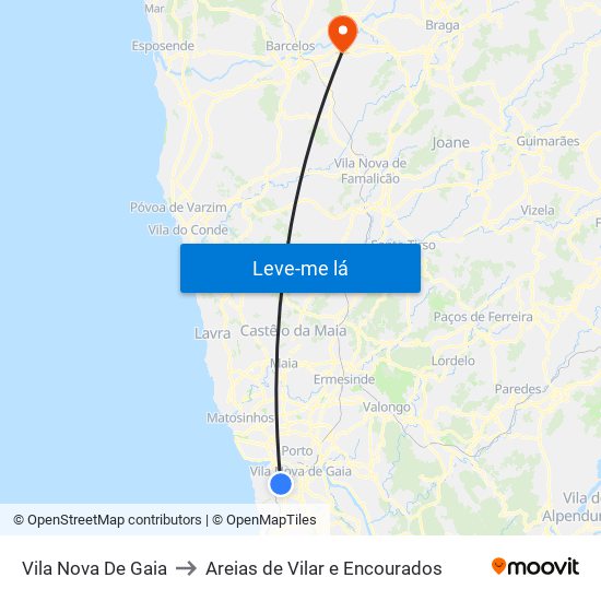 Vila Nova De Gaia to Areias de Vilar e Encourados map