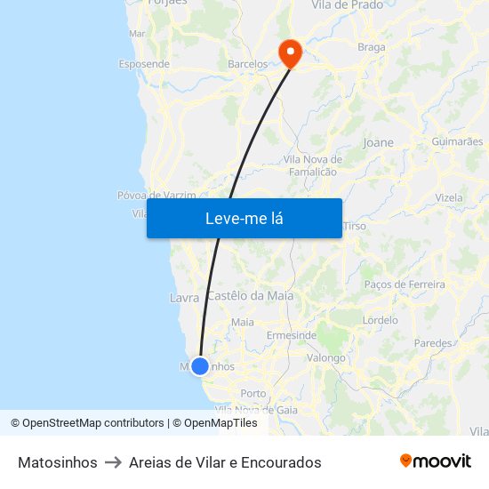 Matosinhos to Areias de Vilar e Encourados map