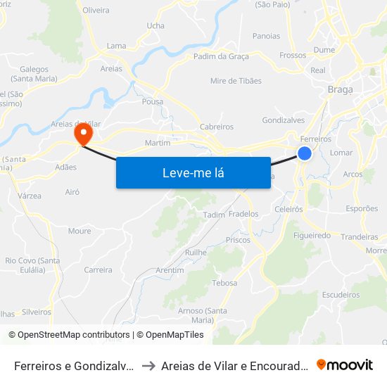 Ferreiros e Gondizalves to Areias de Vilar e Encourados map