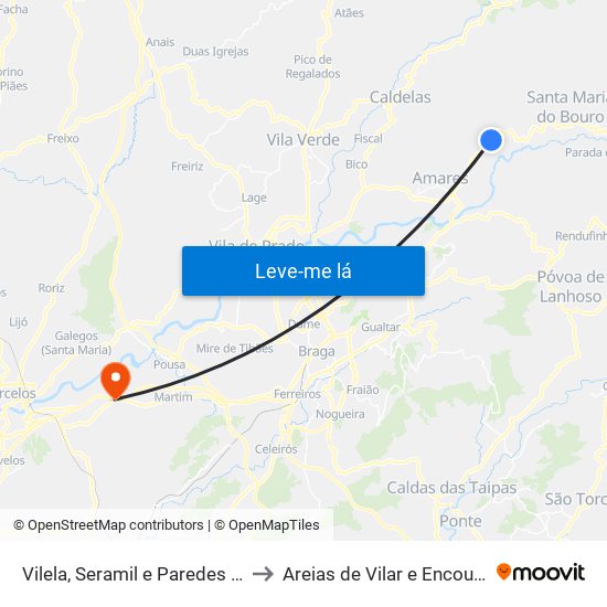 Vilela, Seramil e Paredes Secas to Areias de Vilar e Encourados map