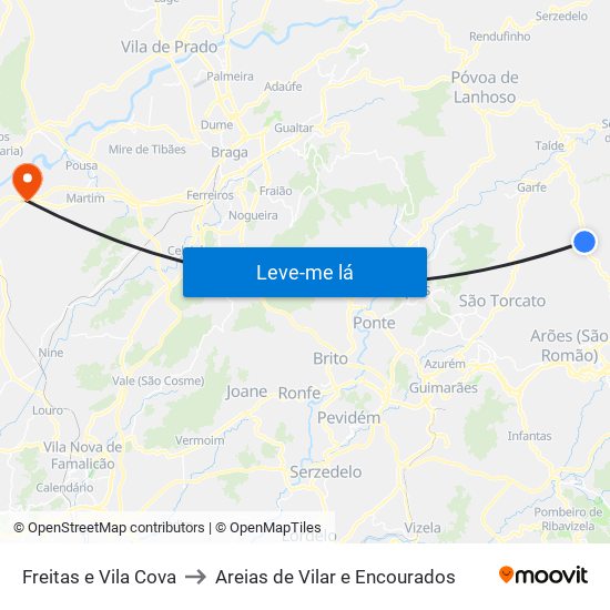 Freitas e Vila Cova to Areias de Vilar e Encourados map