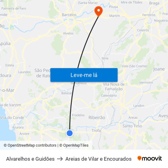 Alvarelhos e Guidões to Areias de Vilar e Encourados map