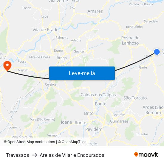 Travassos to Areias de Vilar e Encourados map