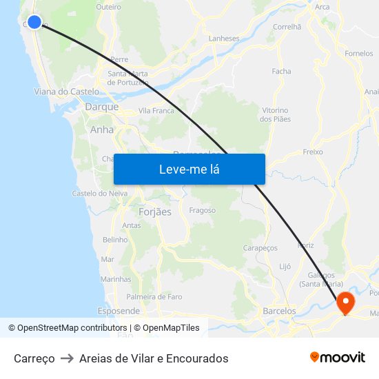 Carreço to Areias de Vilar e Encourados map