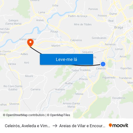 Celeirós, Aveleda e Vimieiro to Areias de Vilar e Encourados map