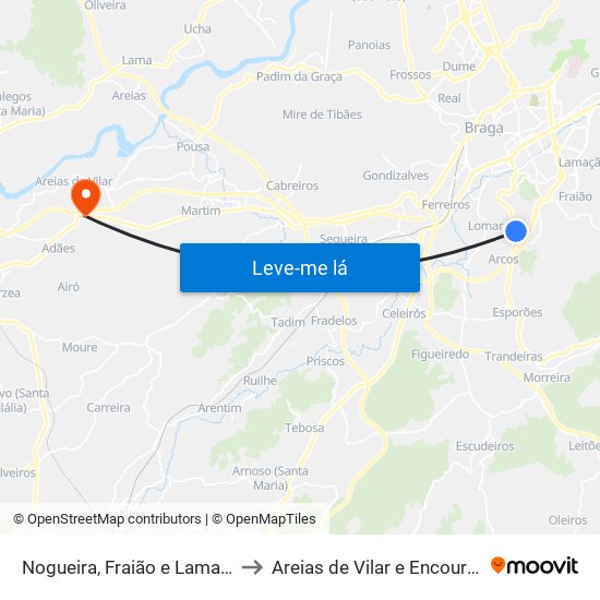 Nogueira, Fraião e Lamaçães to Areias de Vilar e Encourados map