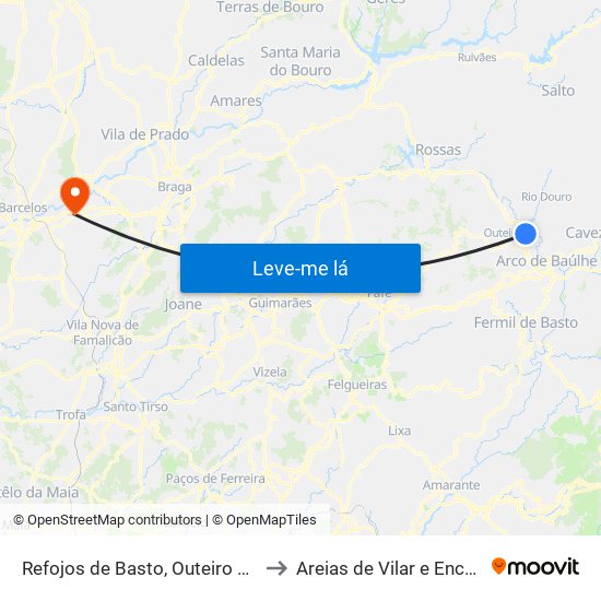 Refojos de Basto, Outeiro e Painzela to Areias de Vilar e Encourados map