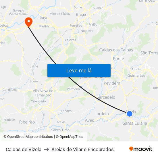 Caldas de Vizela to Areias de Vilar e Encourados map