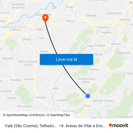 Vale (São Cosme), Telhado e Portela to Areias de Vilar e Encourados map