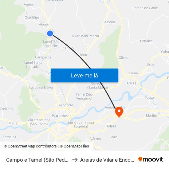 Campo e Tamel (São Pedro Fins) to Areias de Vilar e Encourados map