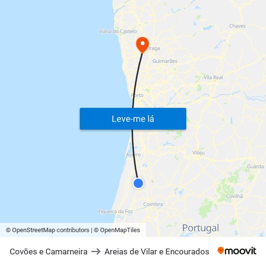 Covões e Camarneira to Areias de Vilar e Encourados map