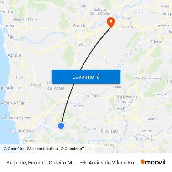 Bagunte, Ferreiró, Outeiro Maior e Parada to Areias de Vilar e Encourados map