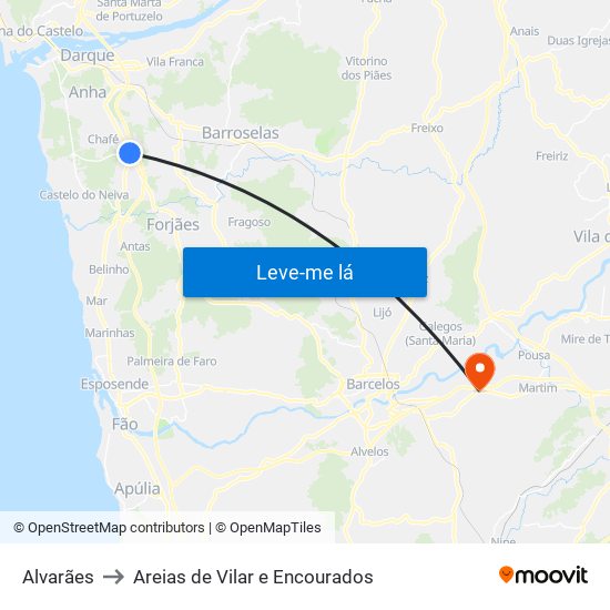 Alvarães to Areias de Vilar e Encourados map