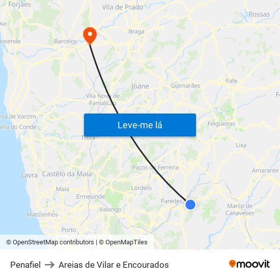 Penafiel to Areias de Vilar e Encourados map