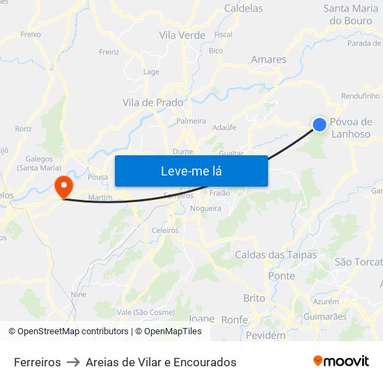 Ferreiros to Areias de Vilar e Encourados map
