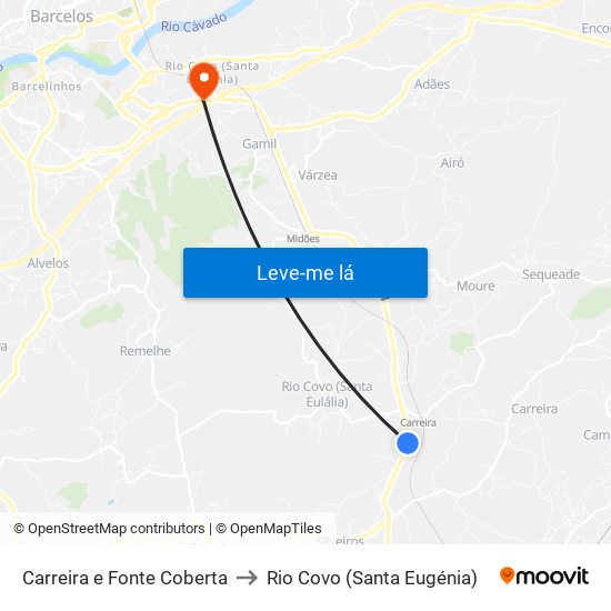 Carreira e Fonte Coberta to Rio Covo (Santa Eugénia) map