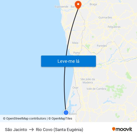São Jacinto to Rio Covo (Santa Eugénia) map