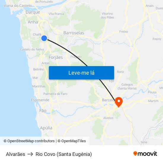 Alvarães to Rio Covo (Santa Eugénia) map