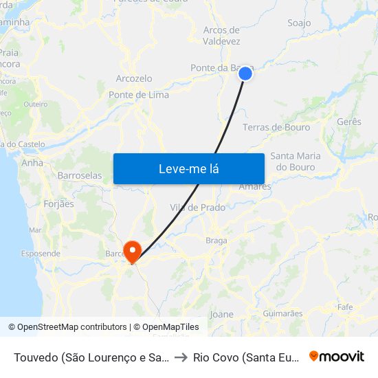 Touvedo (São Lourenço e Salvador) to Rio Covo (Santa Eugénia) map
