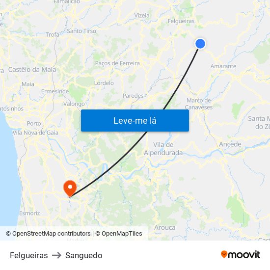 Felgueiras to Sanguedo map