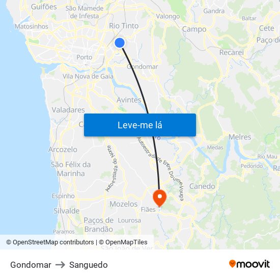 Gondomar to Sanguedo map