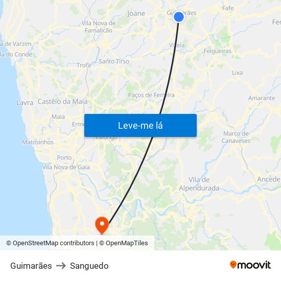 Guimarães to Sanguedo map