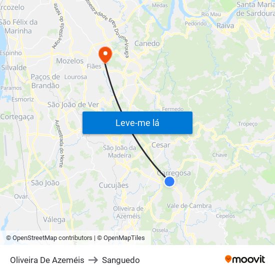 Oliveira De Azeméis to Sanguedo map