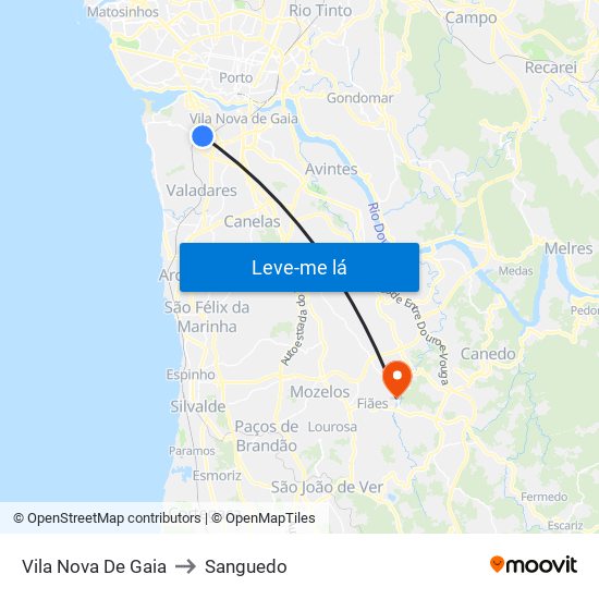 Vila Nova De Gaia to Sanguedo map