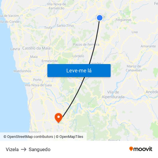 Vizela to Sanguedo map