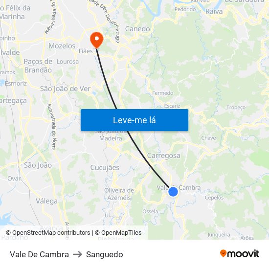 Vale De Cambra to Sanguedo map
