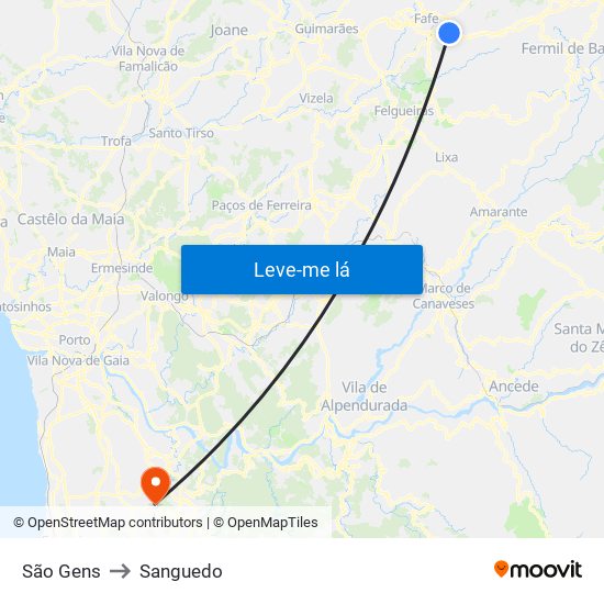 São Gens to Sanguedo map