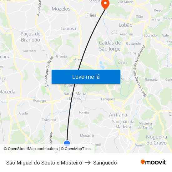 São Miguel do Souto e Mosteirô to Sanguedo map