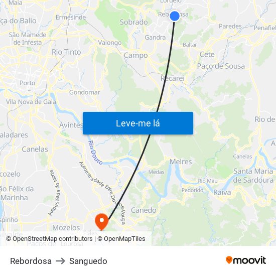 Rebordosa to Sanguedo map