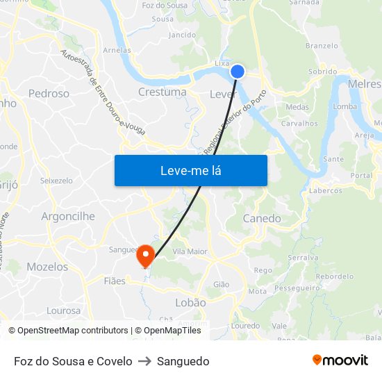 Foz do Sousa e Covelo to Sanguedo map