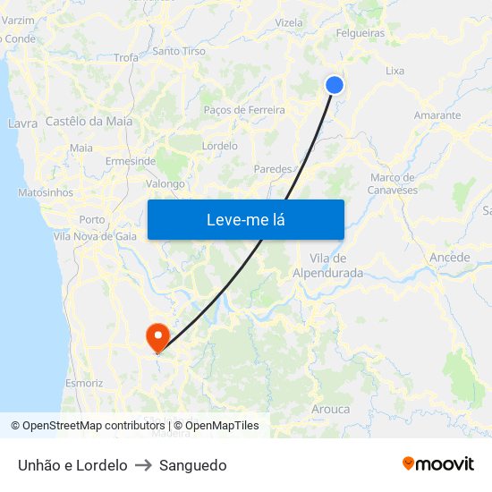 Unhão e Lordelo to Sanguedo map