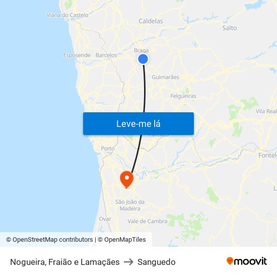 Nogueira, Fraião e Lamaçães to Sanguedo map