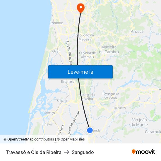 Travassô e Óis da Ribeira to Sanguedo map