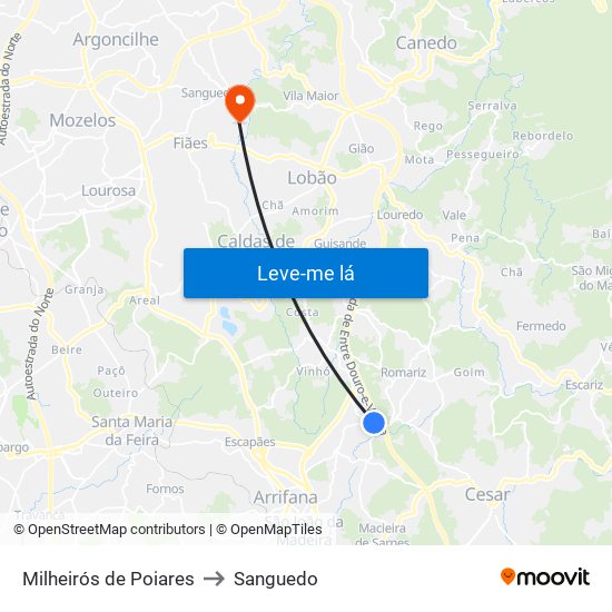 Milheirós de Poiares to Sanguedo map