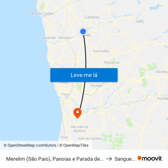 Merelim (São Paio), Panoias e Parada de Tibães to Sanguedo map