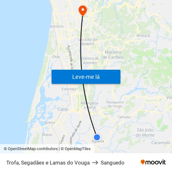 Trofa, Segadães e Lamas do Vouga to Sanguedo map