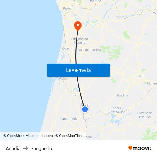 Anadia to Sanguedo map